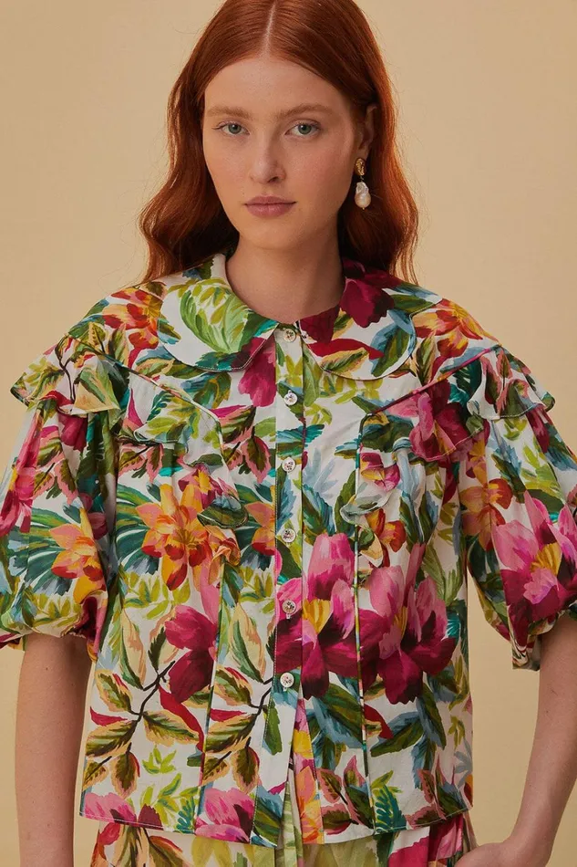 OffWhite Painted Flowers Short Sleeve Blouse Women FARM Rio Blouses
