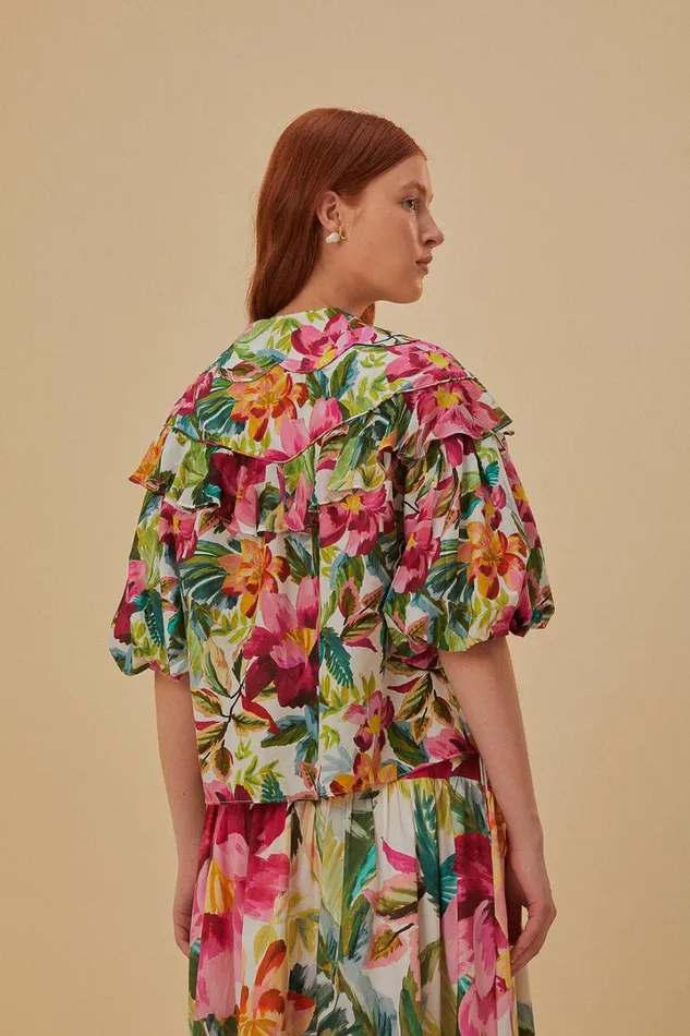 OffWhite Painted Flowers Short Sleeve Blouse Women FARM Rio Blouses