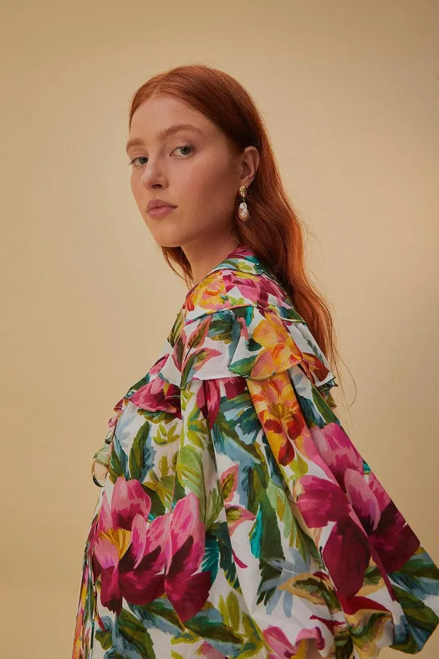 OffWhite Painted Flowers Short Sleeve Blouse Women FARM Rio Blouses