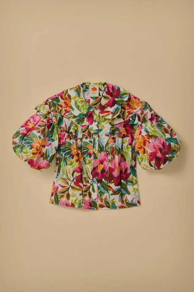 OffWhite Painted Flowers Short Sleeve Blouse Women FARM Rio Blouses