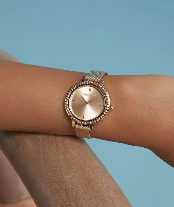 Olivia Burton 30mm Vintage Bead Rose Gold Mesh Watch Women Classic Watches