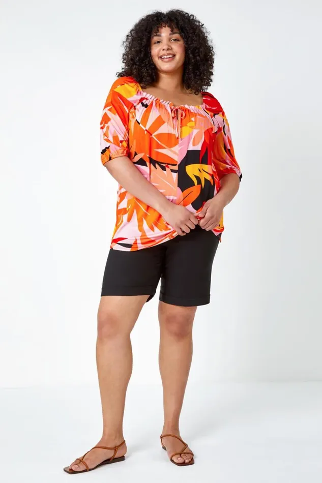 Orange Curve Floral Stretch Jersey Top Women Roman Tops