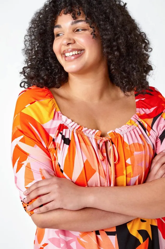 Orange Curve Floral Stretch Jersey Top Women Roman Tops