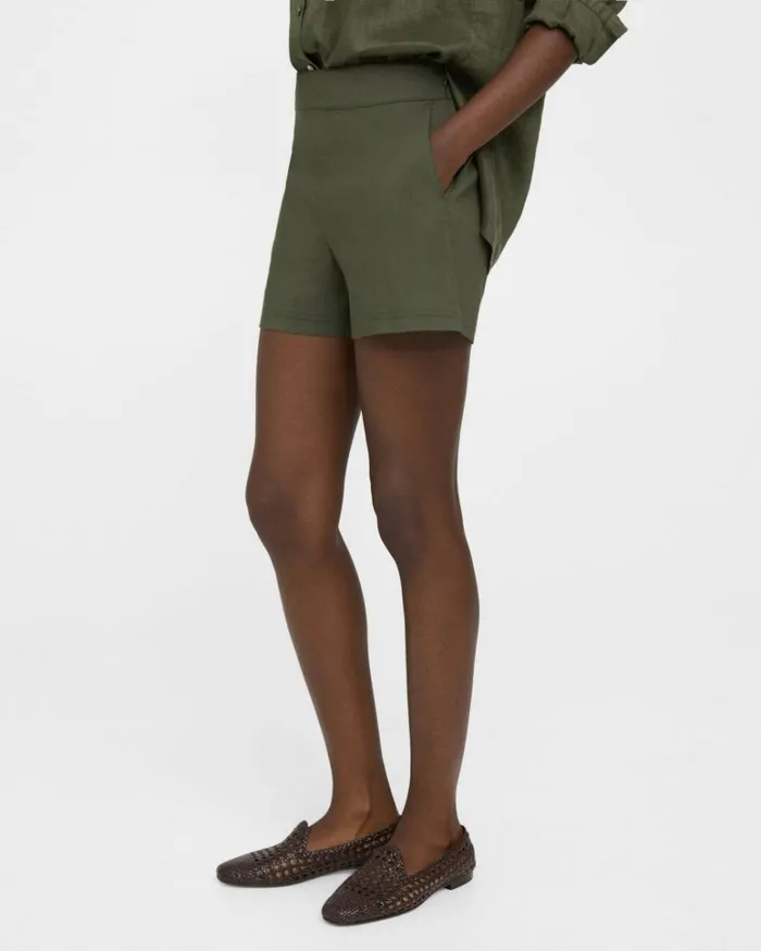 Pants Women Theory Mini Short In Good Linen Dark Olive Pants Women Theory Mini Short In Good Linen Dark Olive