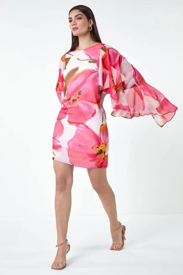 Pink Floral Print Chiffon Cape Dress Women Roman Dresses