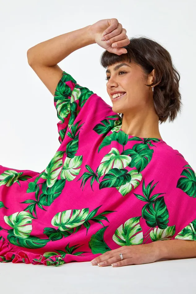 Pink Palm Print Frill Detail Oversized Top Women Roman Tops
