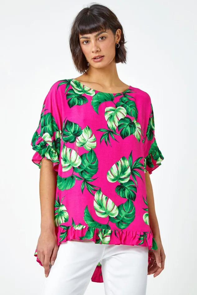 Pink Palm Print Frill Detail Oversized Top Women Roman Tops