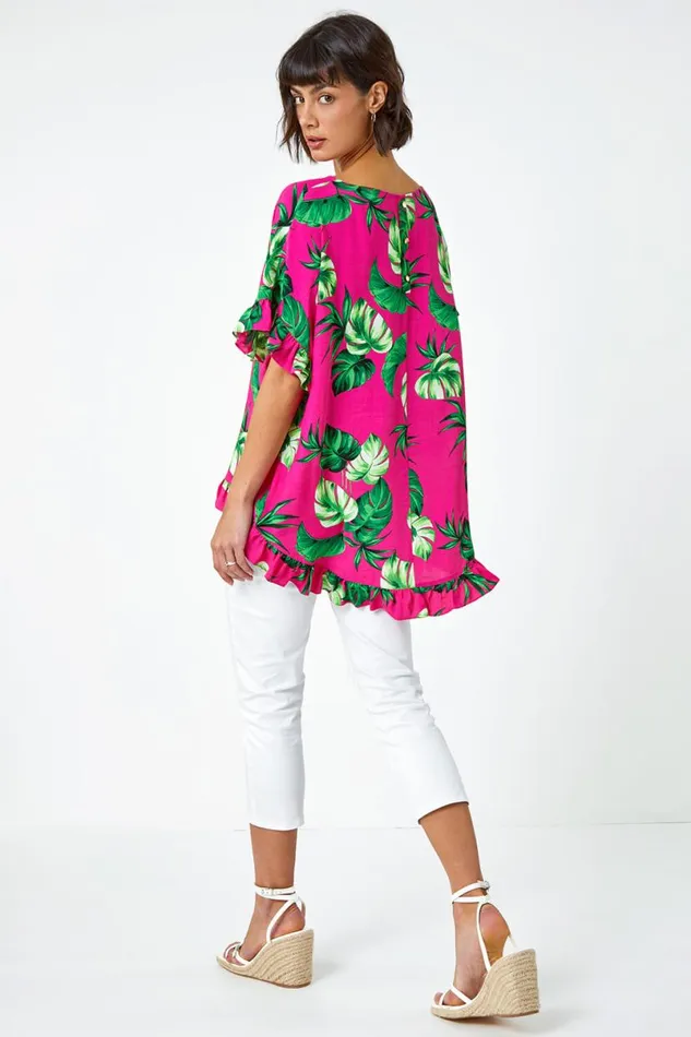 Pink Palm Print Frill Detail Oversized Top Women Roman Tops