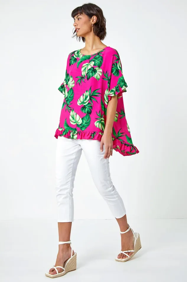Pink Palm Print Frill Detail Oversized Top Women Roman Tops