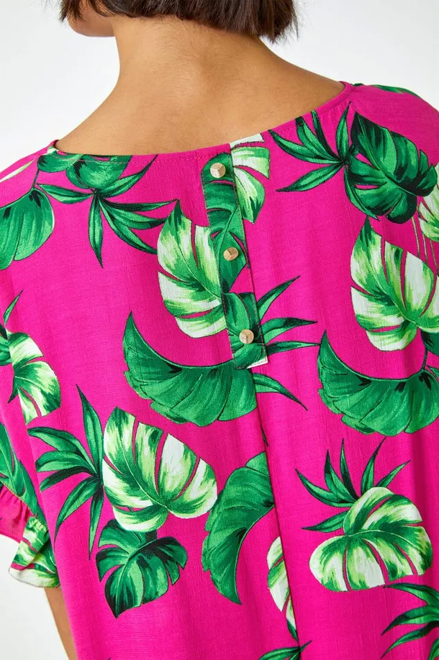 Pink Palm Print Frill Detail Oversized Top Women Roman Tops