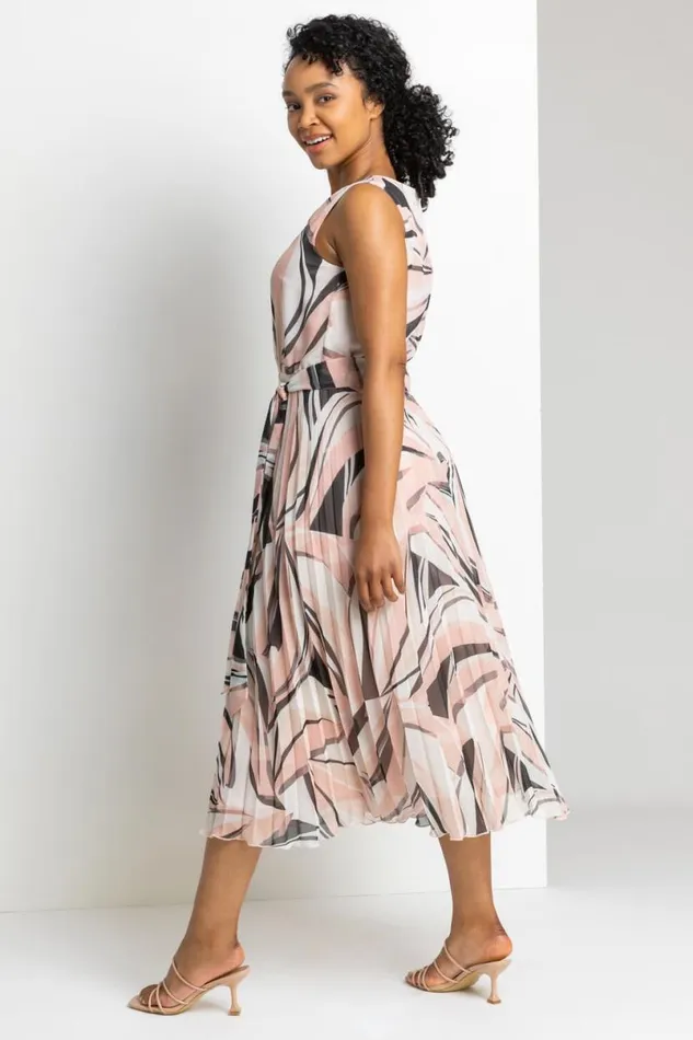 Pink Petite Abstract Print Pleated Midi Dress Women Roman Dresses