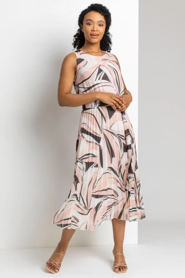 Pink Petite Abstract Print Pleated Midi Dress Women Roman Dresses