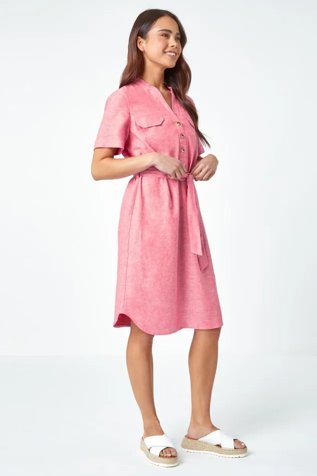 Pink Petite Linen Blend Shirt Shift Dress Women Roman Dresses