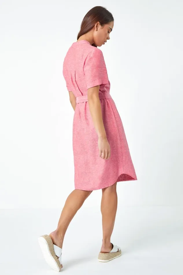 Pink Petite Linen Blend Shirt Shift Dress Women Roman Dresses
