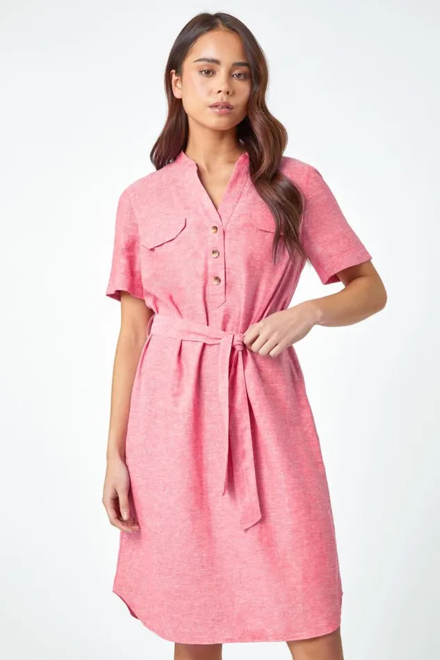 Pink Petite Linen Blend Shirt Shift Dress Women Roman Dresses