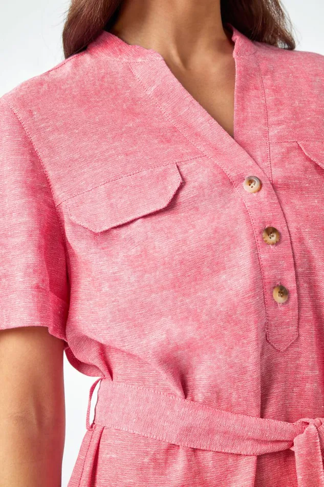 Pink Petite Linen Blend Shirt Shift Dress Women Roman Dresses