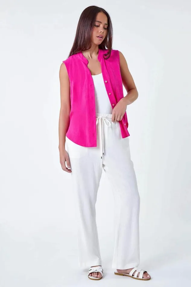 Pink Petite Linen Blend Sleeveless VNeck Blouse Women Roman Tops