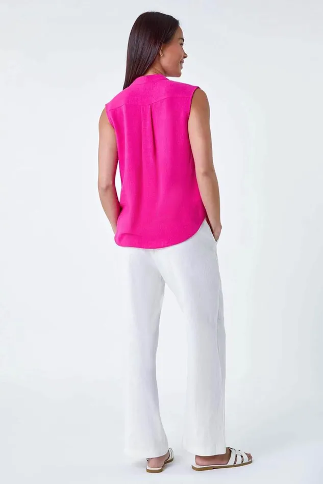 Pink Petite Linen Blend Sleeveless VNeck Blouse Women Roman Tops