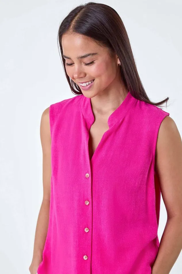 Pink Petite Linen Blend Sleeveless VNeck Blouse Women Roman Tops