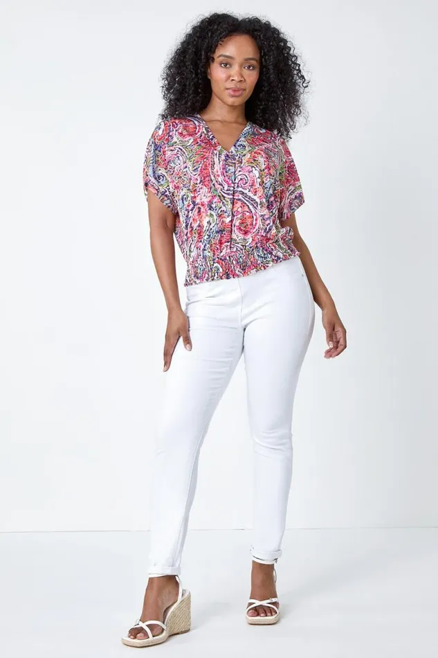 Pink Petite Paisley Shirred Hem Stretch Top Women Roman Tops