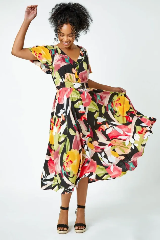 Pink Petite Tropical Button Midi Dress Women Roman Dresses