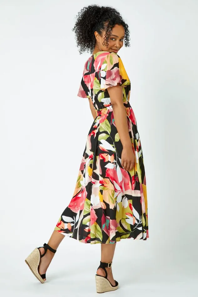 Pink Petite Tropical Button Midi Dress Women Roman Dresses
