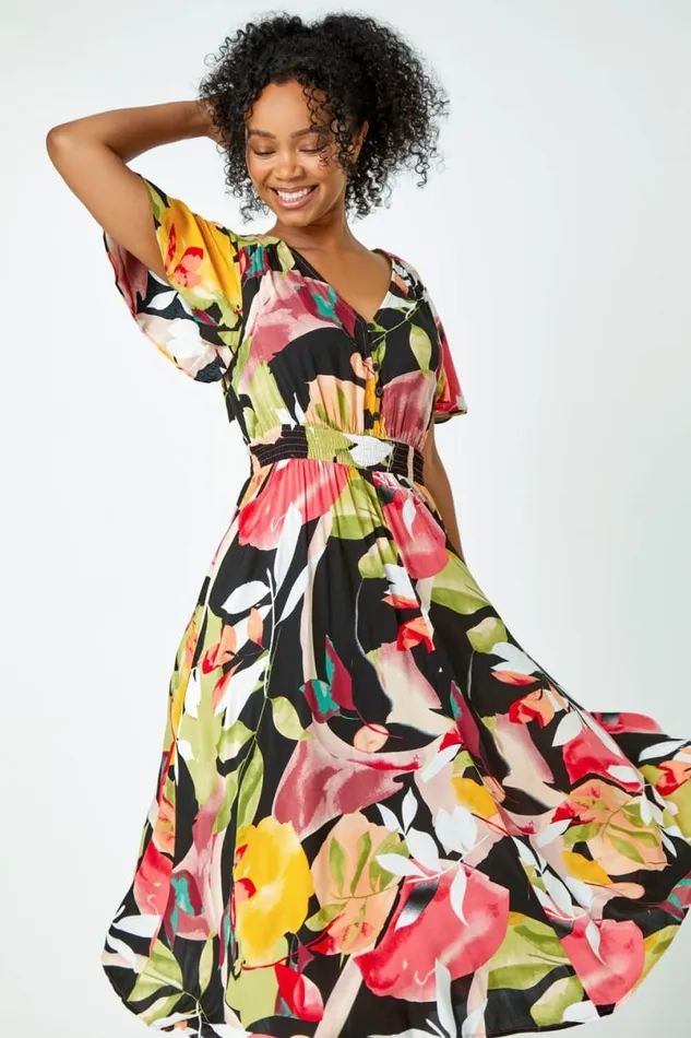 Pink Petite Tropical Button Midi Dress Women Roman Dresses