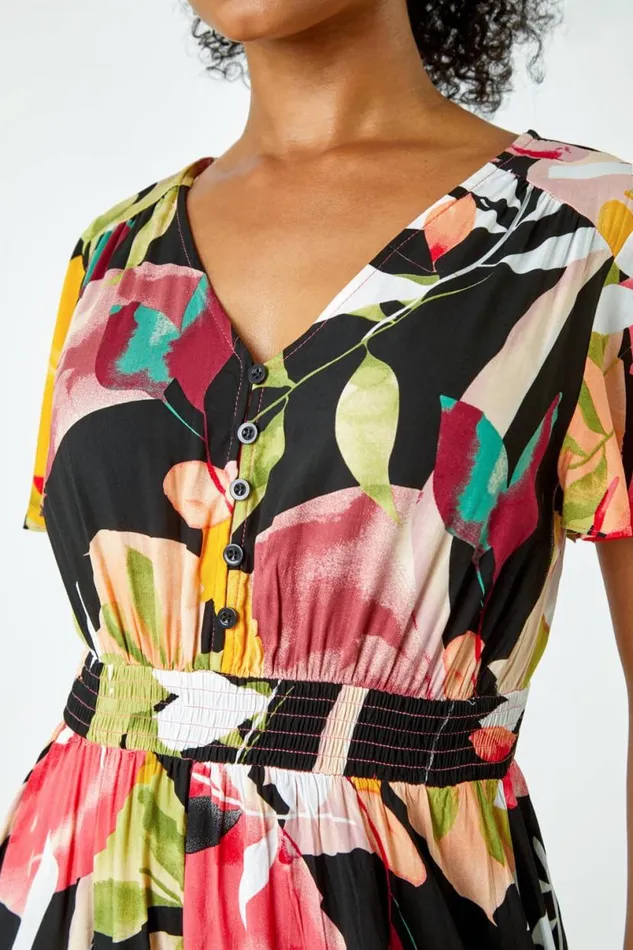 Pink Petite Tropical Button Midi Dress Women Roman Dresses