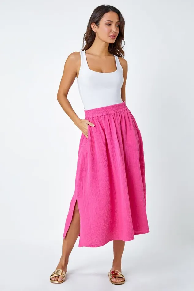 Pink Textured Cotton Elastic Waist A Line Maxi Skirt Women Roman Skirts