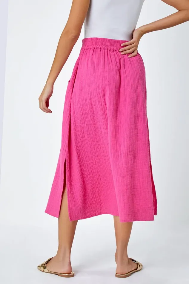 Pink Textured Cotton Elastic Waist A Line Maxi Skirt Women Roman Skirts