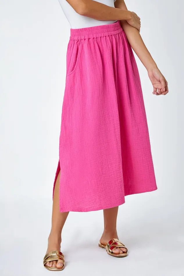 Pink Textured Cotton Elastic Waist A Line Maxi Skirt Women Roman Skirts