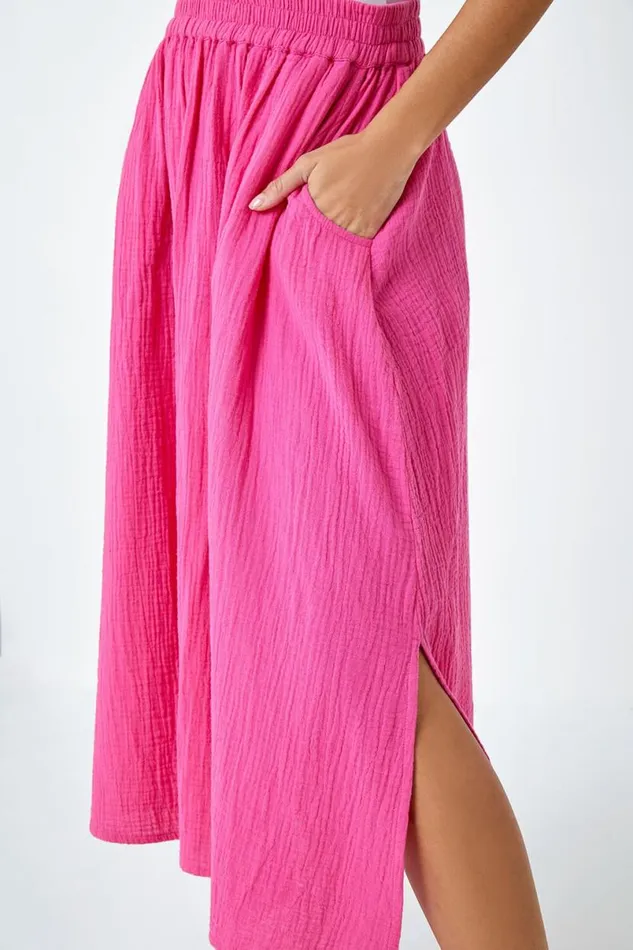 Pink Textured Cotton Elastic Waist A Line Maxi Skirt Women Roman Skirts