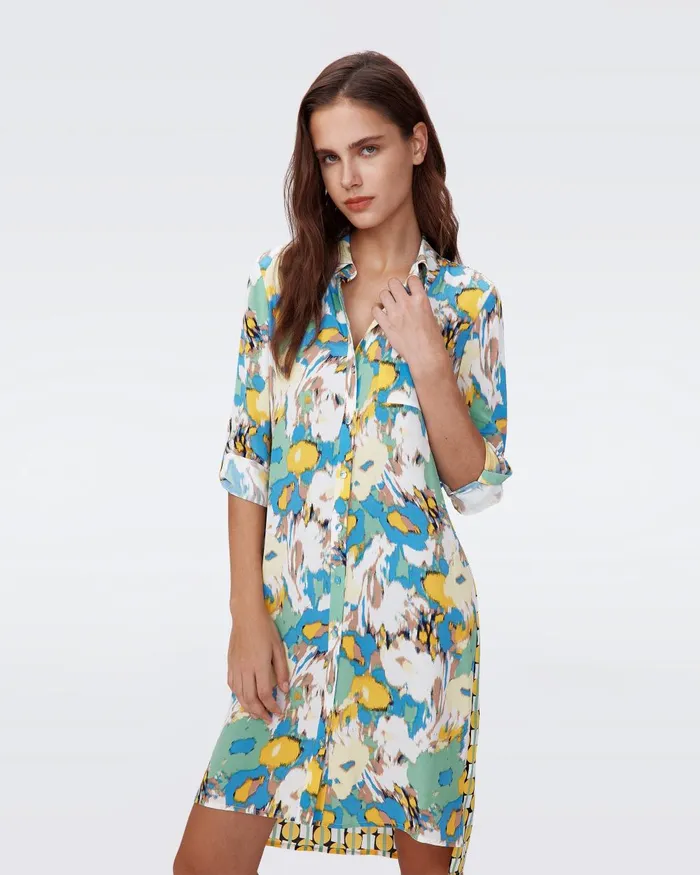 Prita Shirt Dress Huge Day Dream Floral Blue And Maypole Yellow Women DVF Dresses