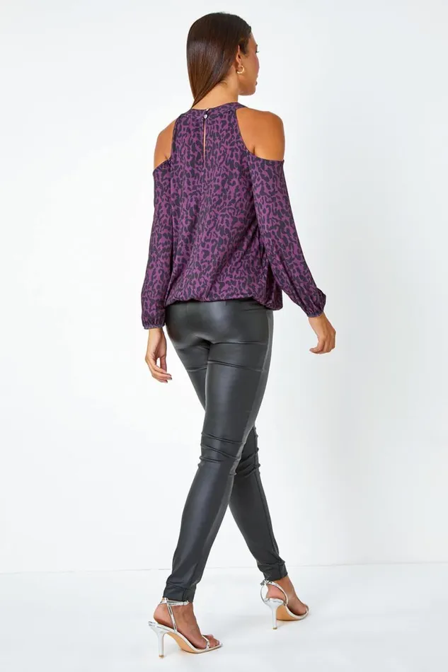 Purple Animal Print Cold Shoulder Stretch Top Women Roman Tops