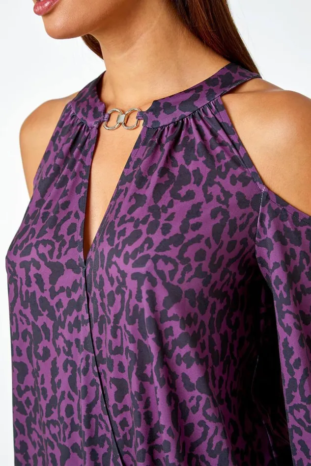 Purple Animal Print Cold Shoulder Stretch Top Women Roman Tops
