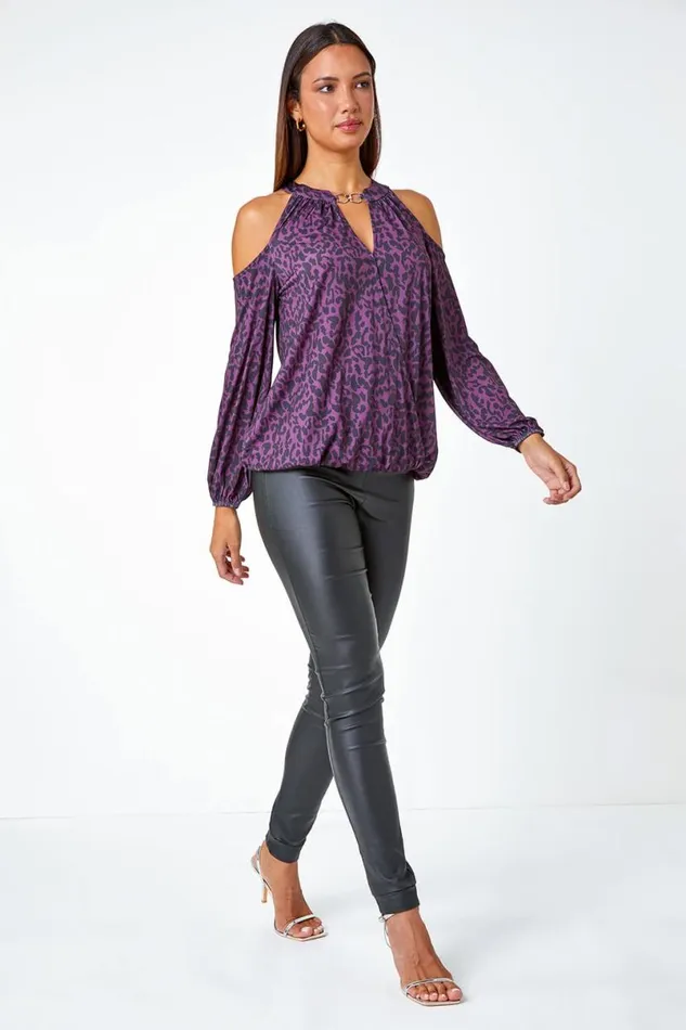 Purple Animal Print Cold Shoulder Stretch Top Women Roman Tops