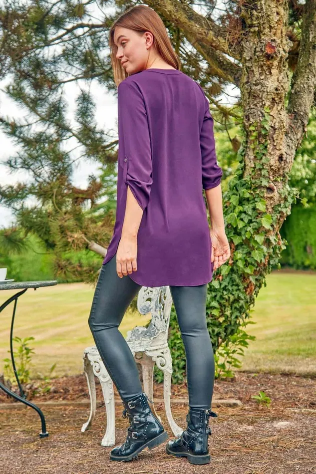 Purple Longline Button Detail Tunic Top Women Roman Tops