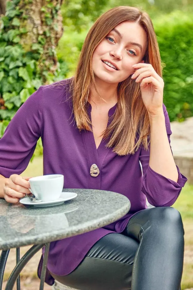 Purple Longline Button Detail Tunic Top Women Roman Tops