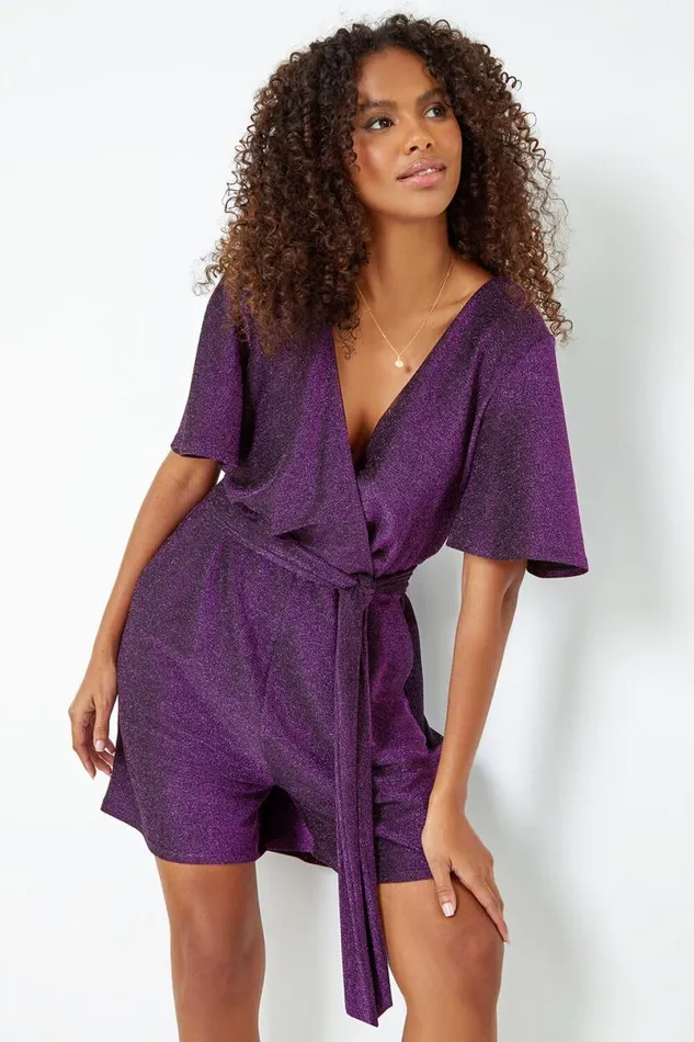 Purple Sparkle Stretch Wrap Playsuit Women Roman Dresses