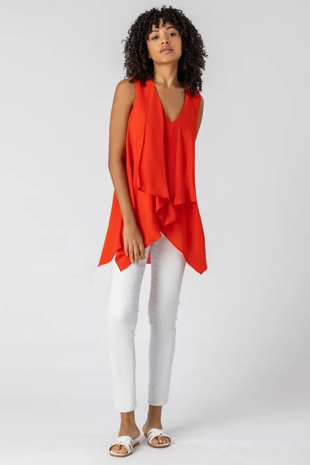 Red Asymmetric Hanky Hem Chiffon Tunic Top Women Roman Tops