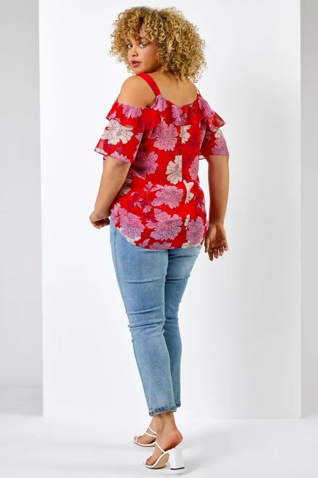 Red Curve Floral Cold Shoulder Chiffon Frill Detail Top Women Roman Tops