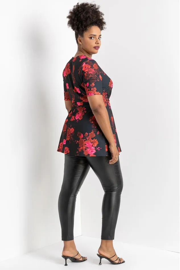 Red Curve Floral Print Wrap Top Women Roman Tops