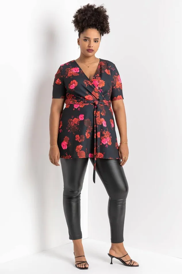 Red Curve Floral Print Wrap Top Women Roman Tops