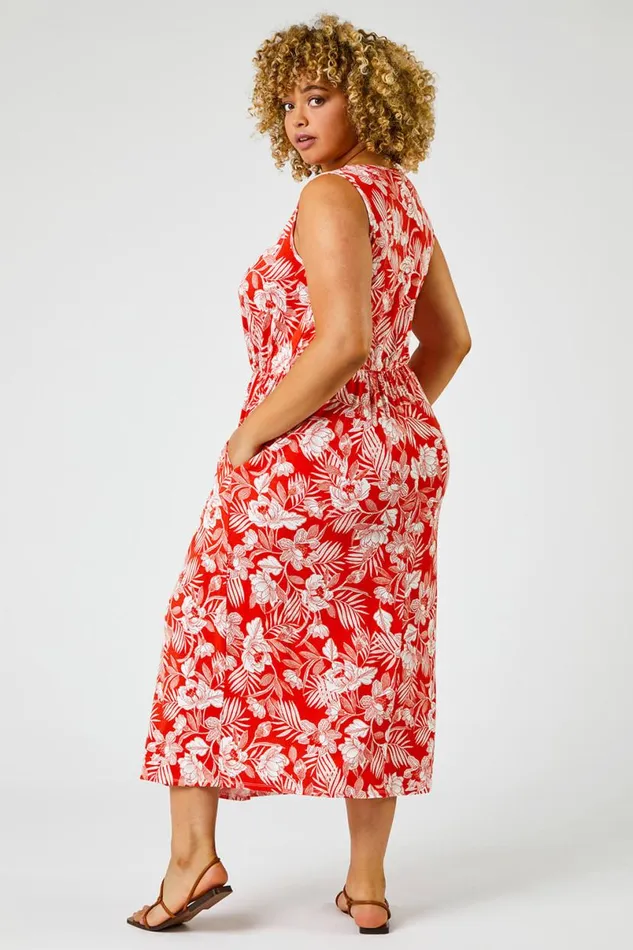 Red Curve Tropical Floral Print Maxi Dress Women Roman Dresses