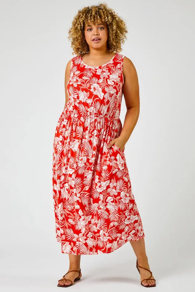 Red Curve Tropical Floral Print Maxi Dress Women Roman Dresses