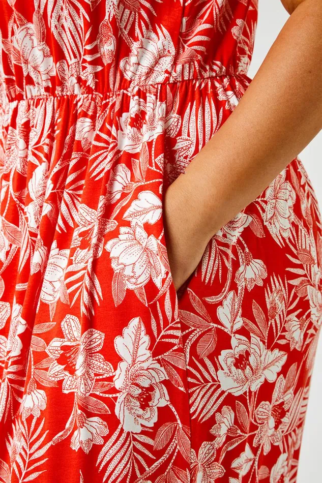 Red Curve Tropical Floral Print Maxi Dress Women Roman Dresses