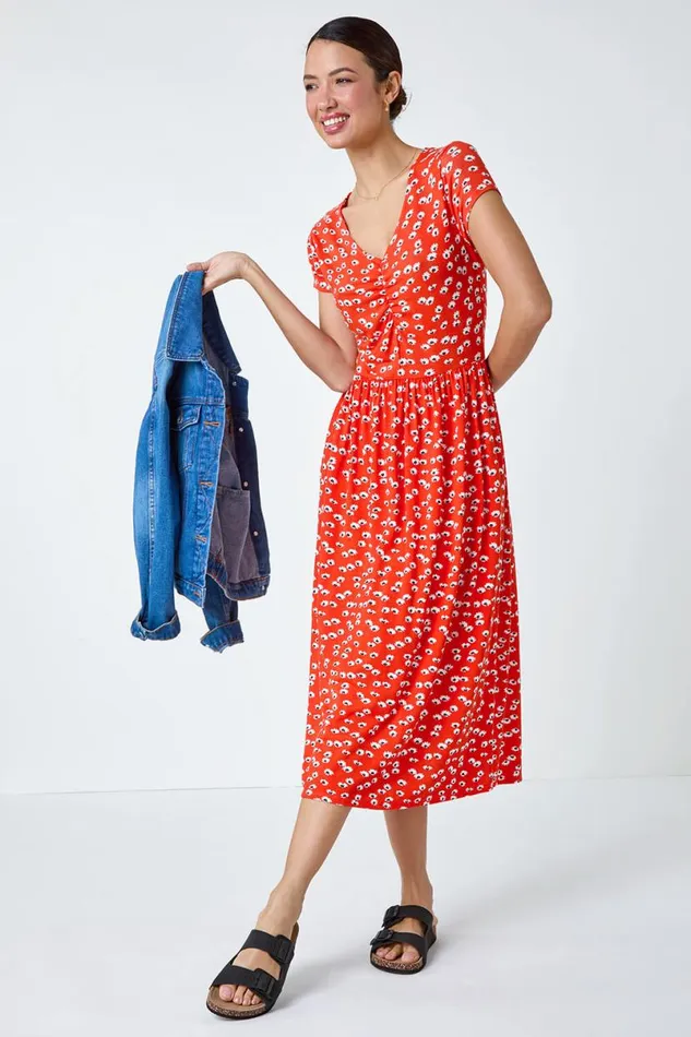 Red Ditsy Print Ruched Midi Dress Women Roman Dresses