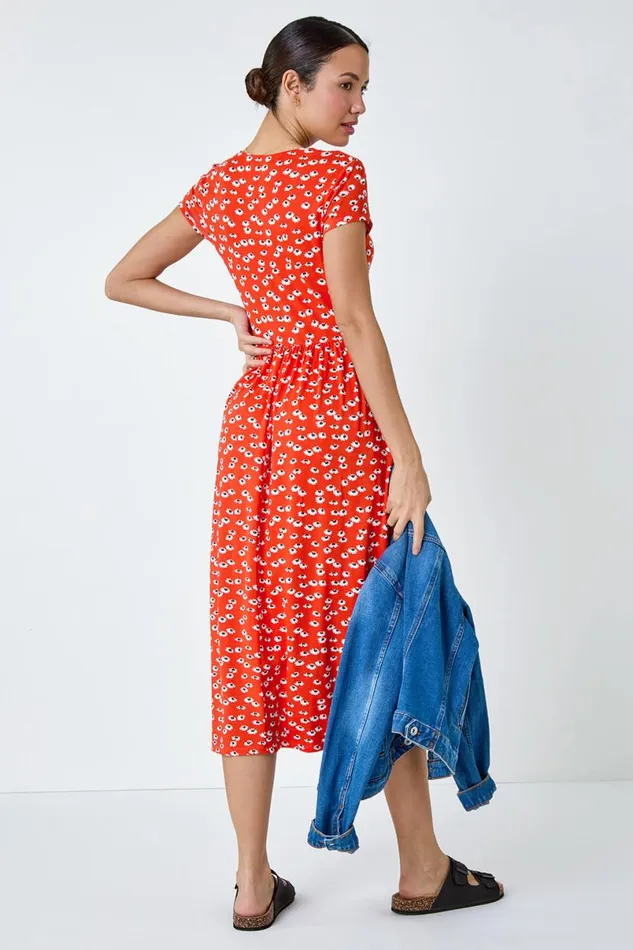 Red Ditsy Print Ruched Midi Dress Women Roman Dresses