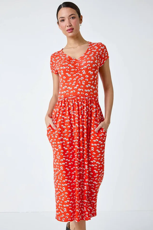 Red Ditsy Print Ruched Midi Dress Women Roman Dresses