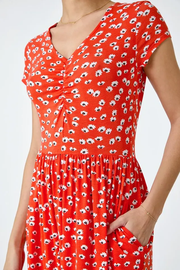 Red Ditsy Print Ruched Midi Dress Women Roman Dresses